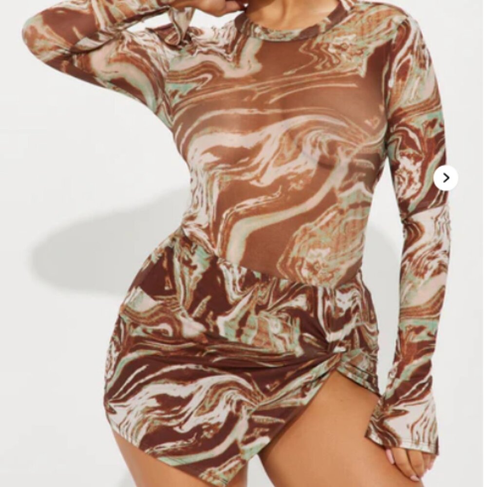Fashion Nova NWT Brown Combo Mesh Skirt Set